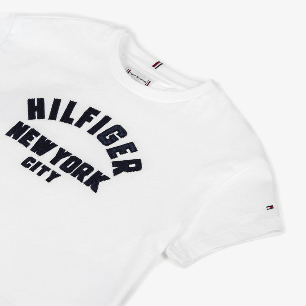 Tommy Hilfiger-Girls White Cotton T-Shirt with New York Logo | Childrensalon Outlet