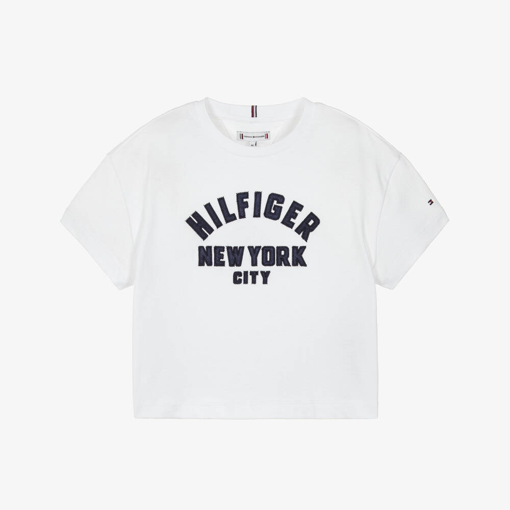 Tommy Hilfiger-Girls White Cotton T-Shirt with New York Logo | Childrensalon Outlet
