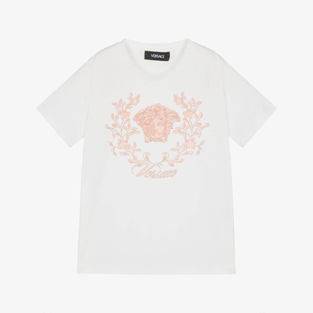Versace-Girls White Cotton T-Shirt with Pink Medusa Logo | Childrensalon Outlet