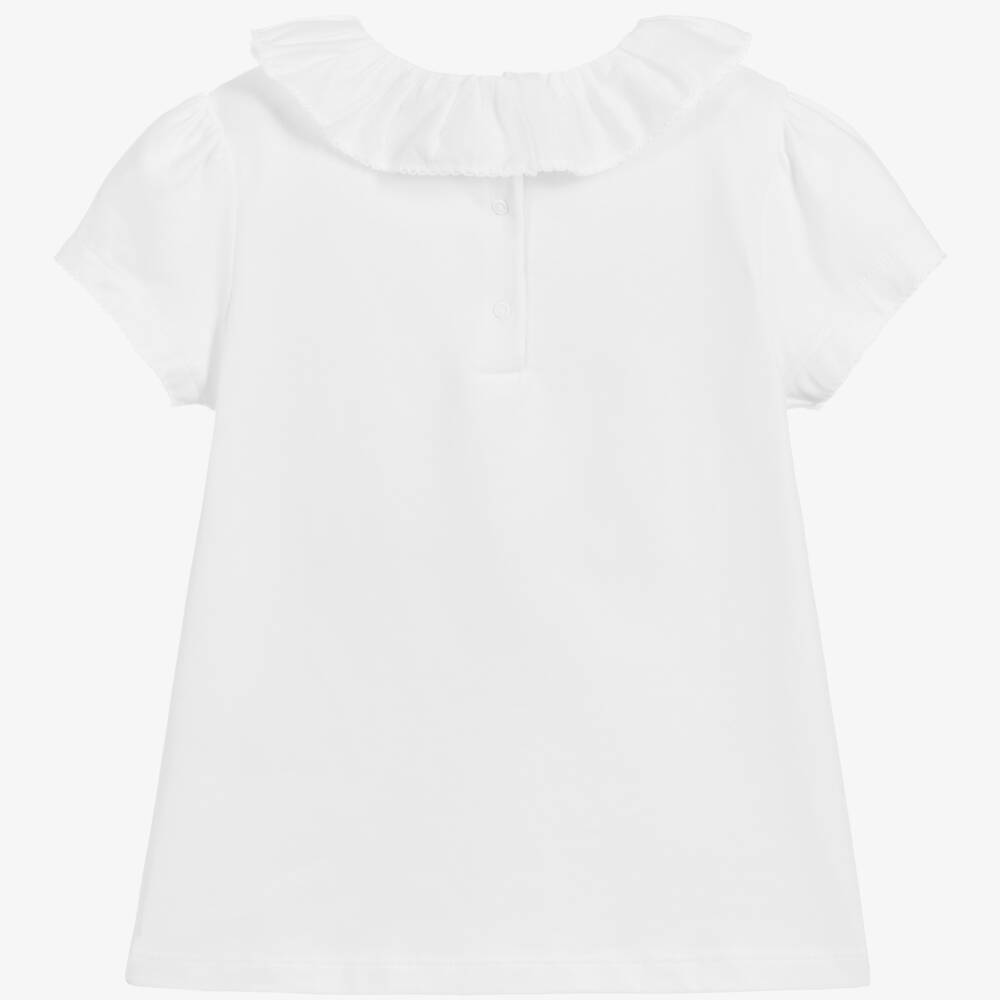 Beatrice & George-Girls White Cotton T-Shirt With Ruffle Collar | Childrensalon Outlet