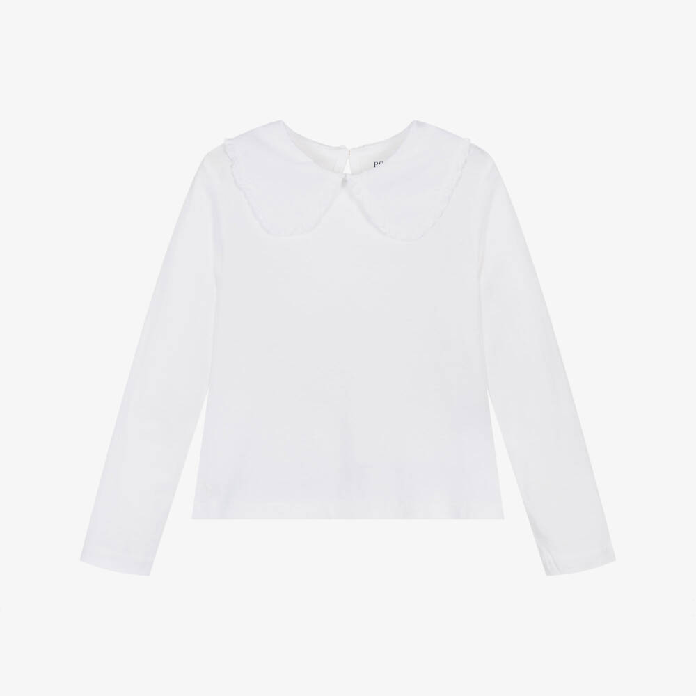 Ralph Lauren-Girls White Cotton Top with Ruffle-Trim Collar | Childrensalon Outlet