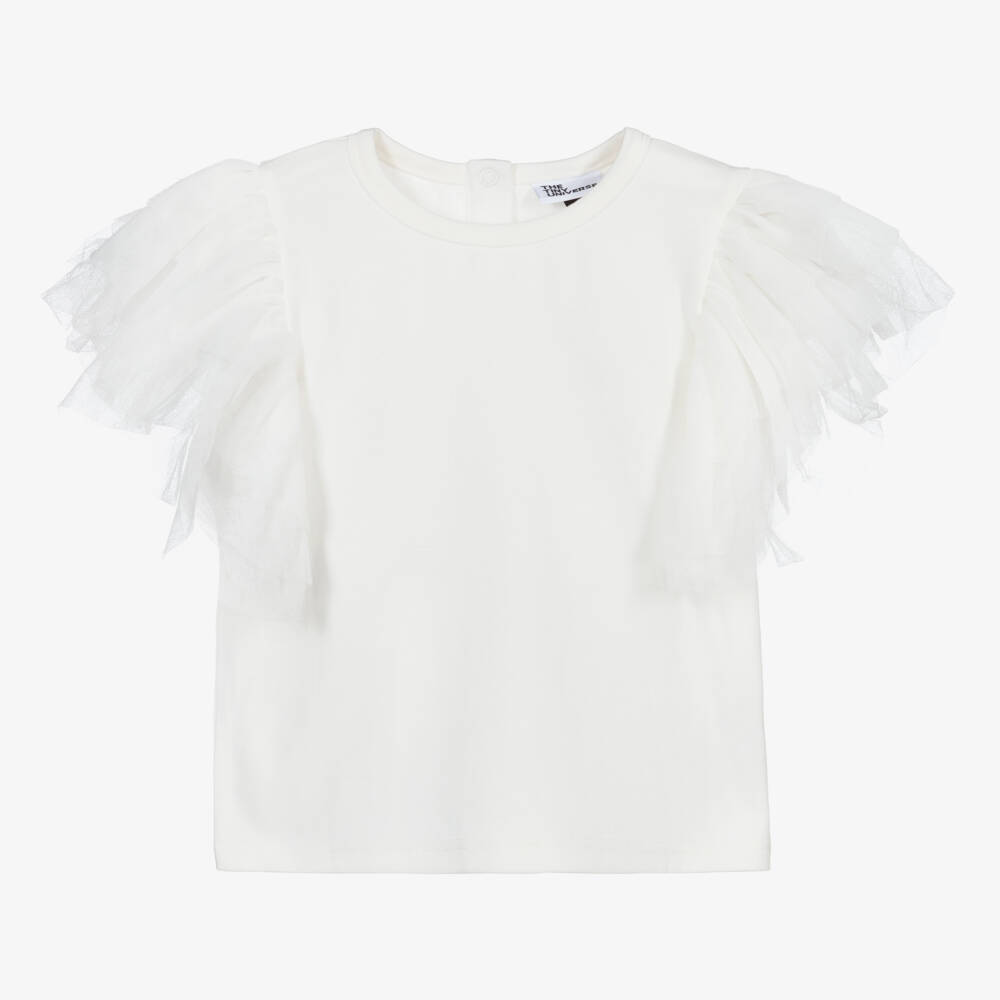 The Tiny Universe-Girls White Cotton & Tulle Top | Childrensalon Outlet
