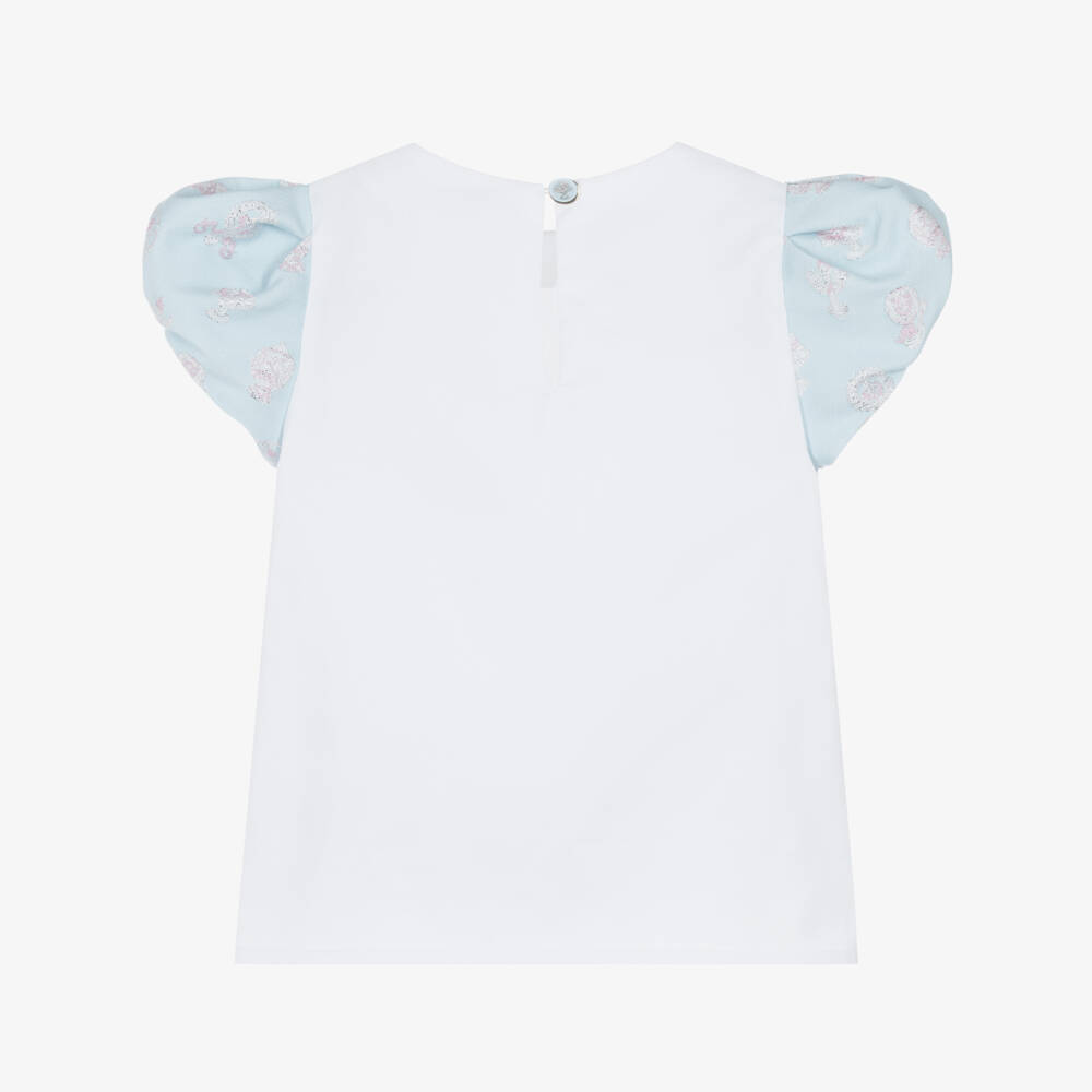 Atelier Choux Paris-Girls White Cotton Twill & Blue Brocade Top | Childrensalon Outlet
