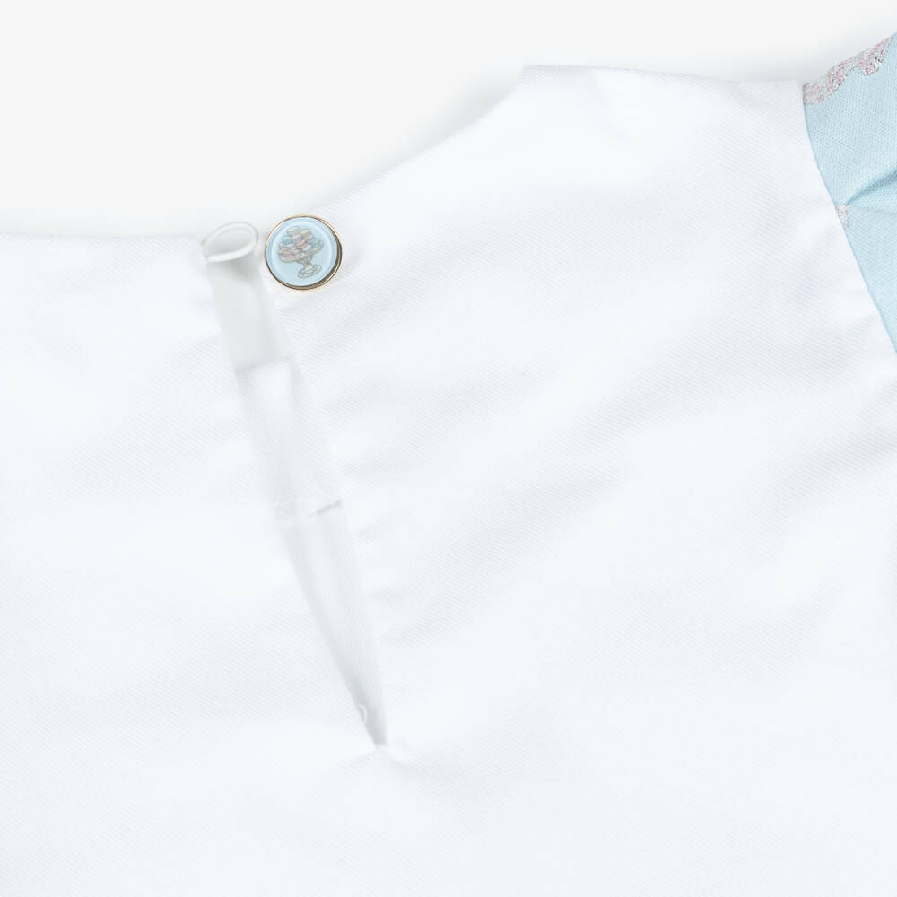 Atelier Choux Paris-Girls White Cotton Twill & Blue Brocade Top | Childrensalon Outlet