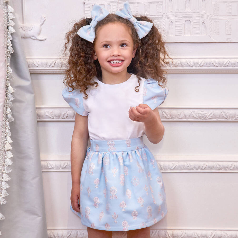 Atelier Choux Paris-Girls White Cotton Twill & Blue Brocade Top | Childrensalon Outlet