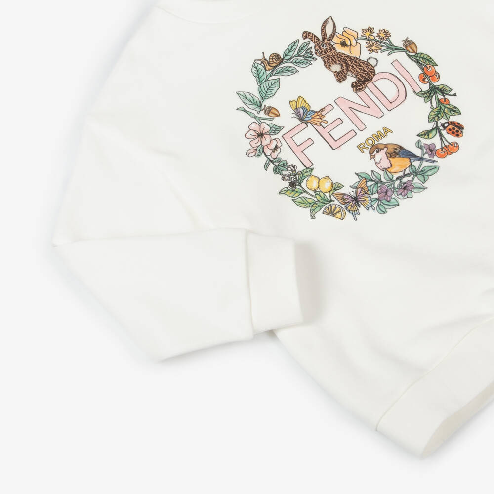 Fendi-Girls White Cotton Woodland Sweatshirt | Childrensalon Outlet