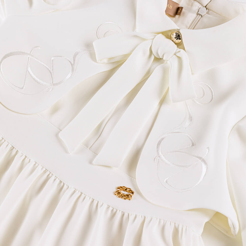Elie Saab-Girls White Crêpe Embroidered Logo Dress with Bow | Childrensalon Outlet