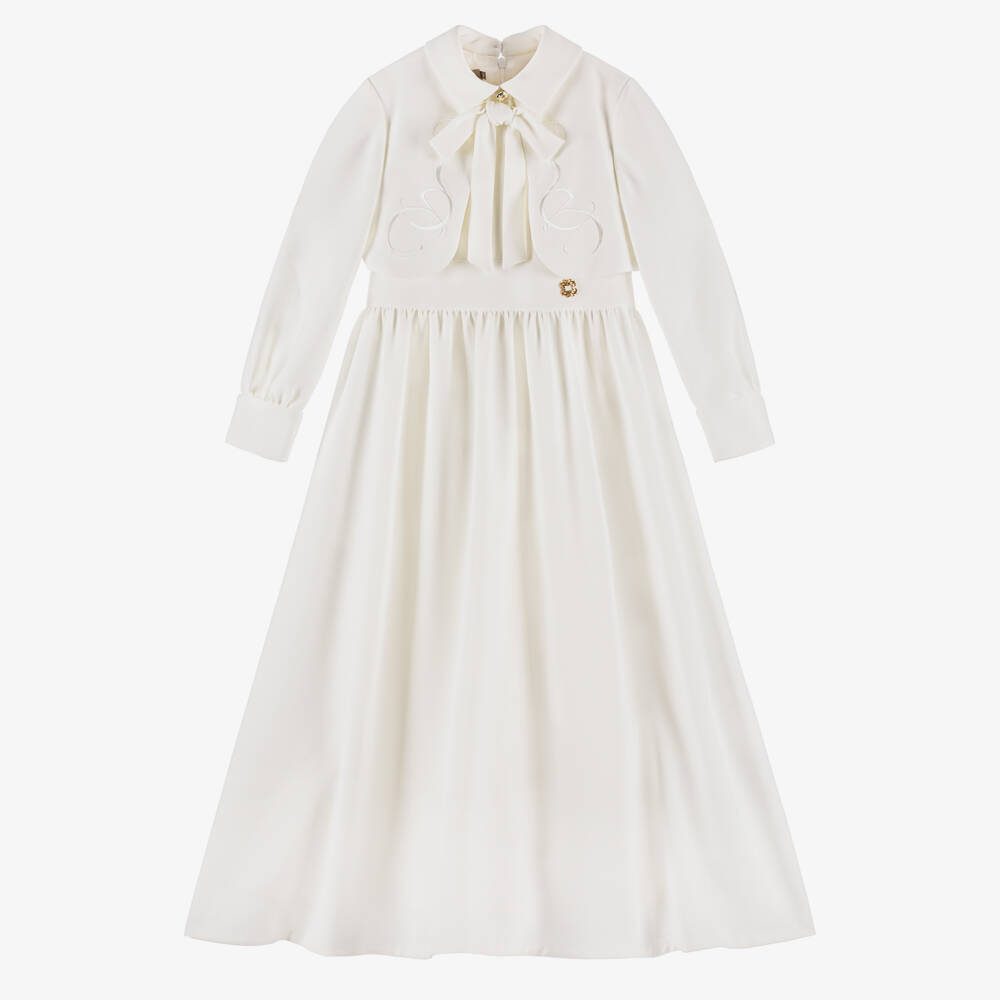 Elie Saab-Girls White Crêpe Embroidered Logo Dress with Bow | Childrensalon Outlet
