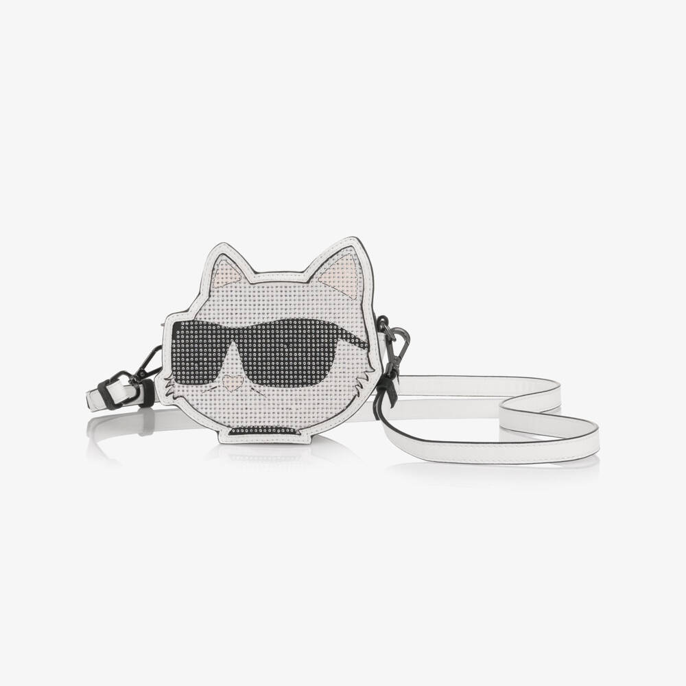 KARL LAGERFELD KIDS-Girls White Diamanté Embellished Choupette Bag (14cm) | Childrensalon Outlet
