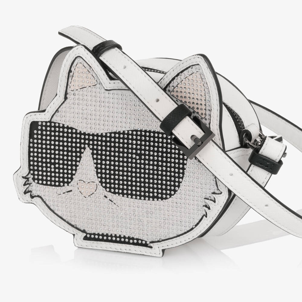 KARL LAGERFELD KIDS-Girls White Diamanté Embellished Choupette Bag (14cm) | Childrensalon Outlet