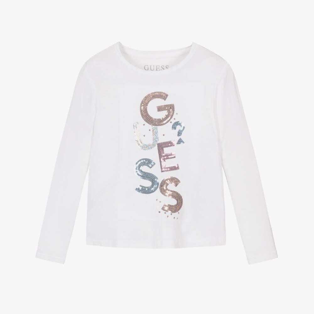 Guess-Girls White EcoVero Sequin Logo Top | Childrensalon Outlet