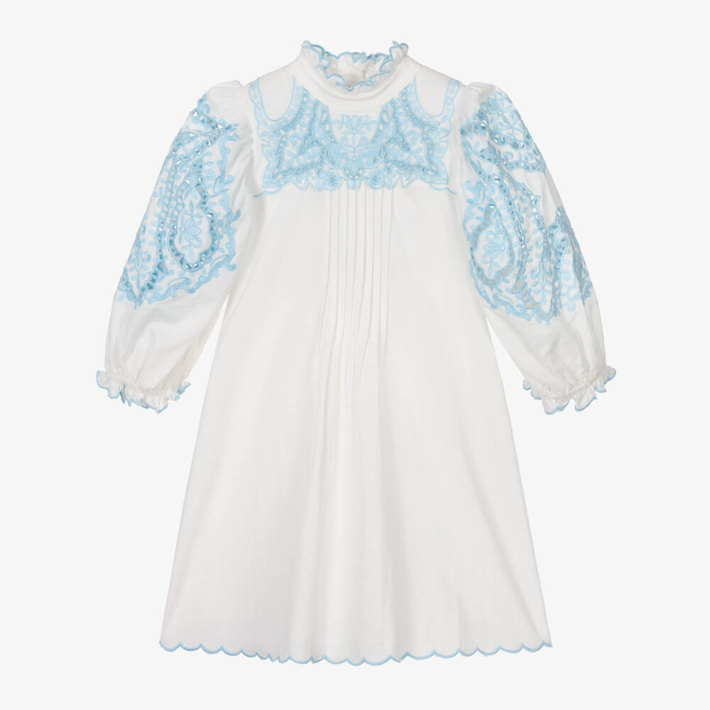 Petite Amalie-Girls White Embroidered Cotton & Linen Dress | Childrensalon Outlet