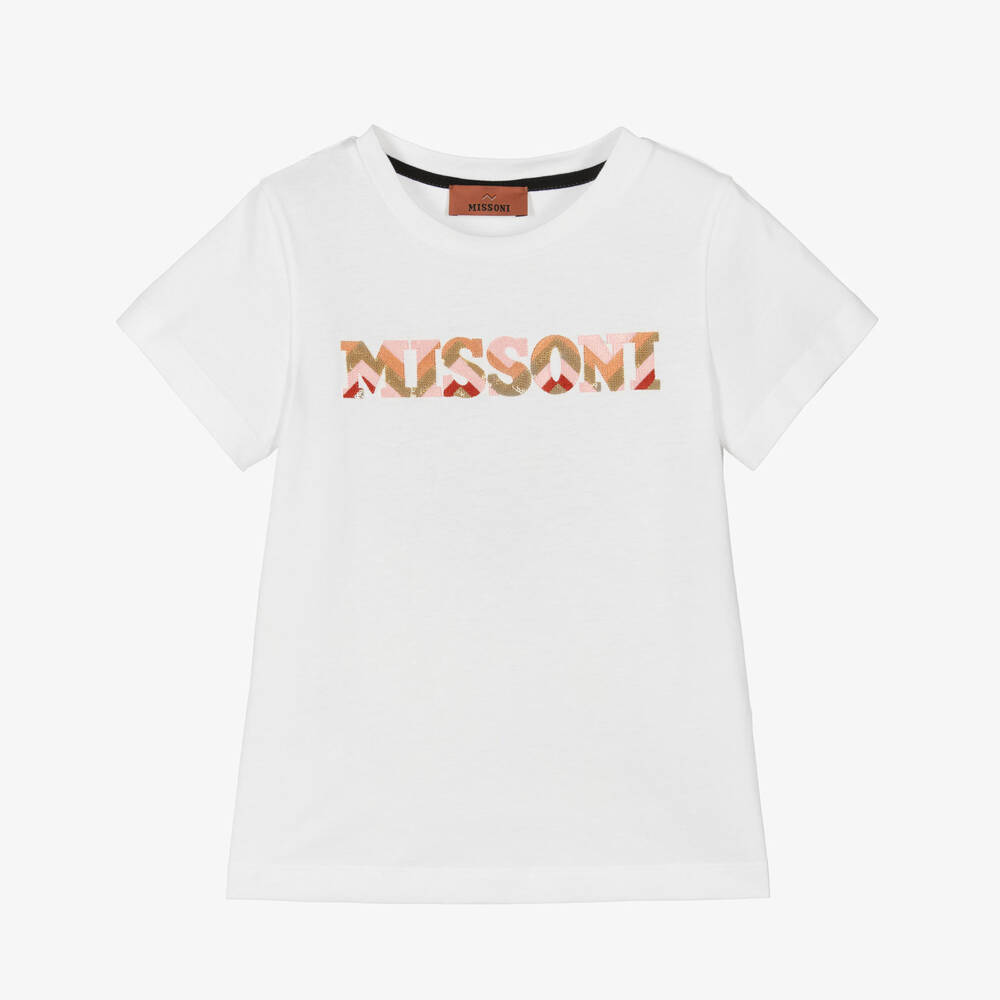 Missoni-Girls White Embroidered Logo Cotton T-Shirt | Childrensalon Outlet