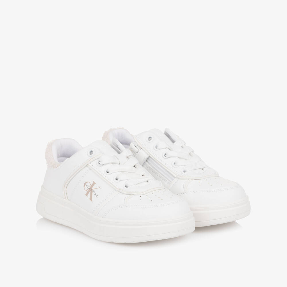 Calvin Klein-Girls White Faux Leather Trainers with Fleece Trim | Childrensalon Outlet