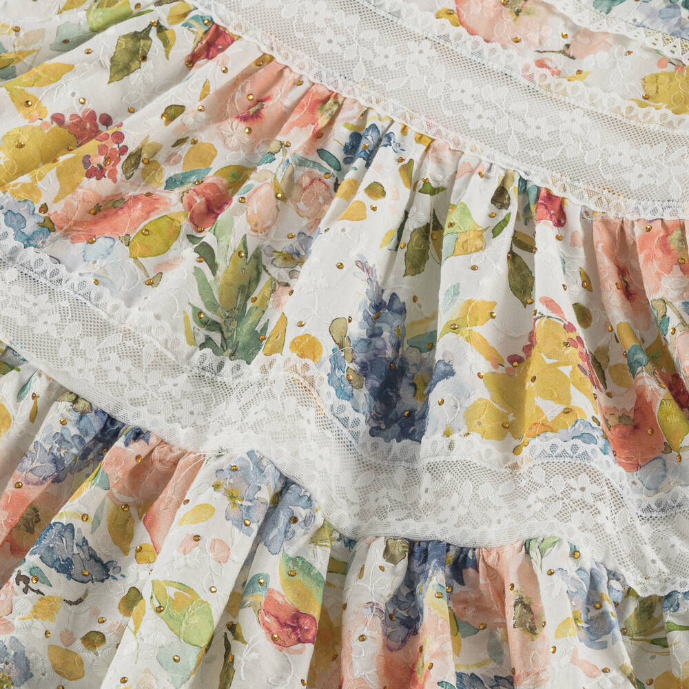 Marlo Kids-Girls White Floral Diamanté & Lace Cotton Dress | Childrensalon Outlet