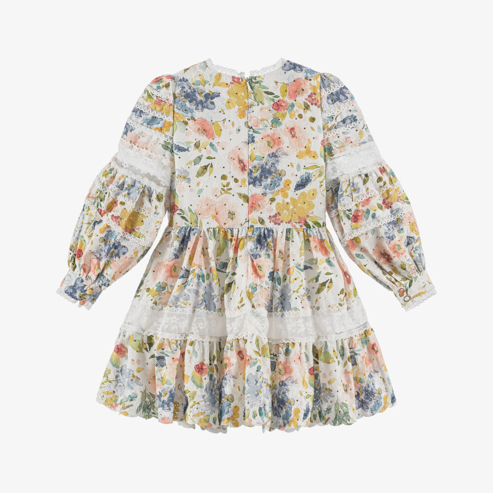 Marlo Kids-Girls White Floral Diamanté & Lace Cotton Dress | Childrensalon Outlet