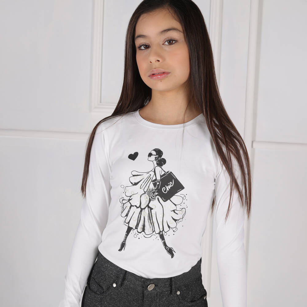 Fun & Fun-Girls White Girl Graphic Long Sleeved Top | Childrensalon Outlet