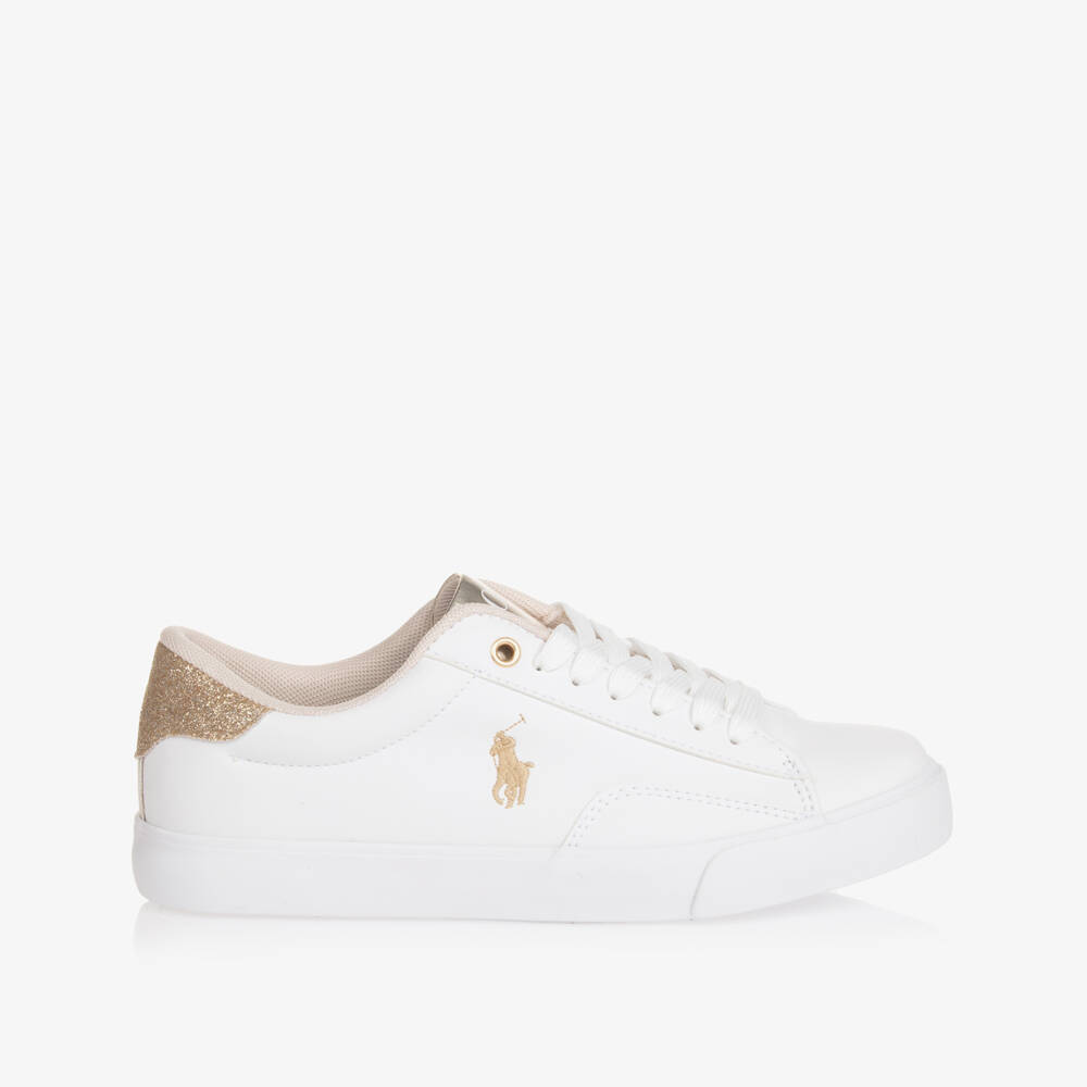 Ralph Lauren-Girls White & Gold Faux Leather Lace-Up Trainers | Childrensalon Outlet