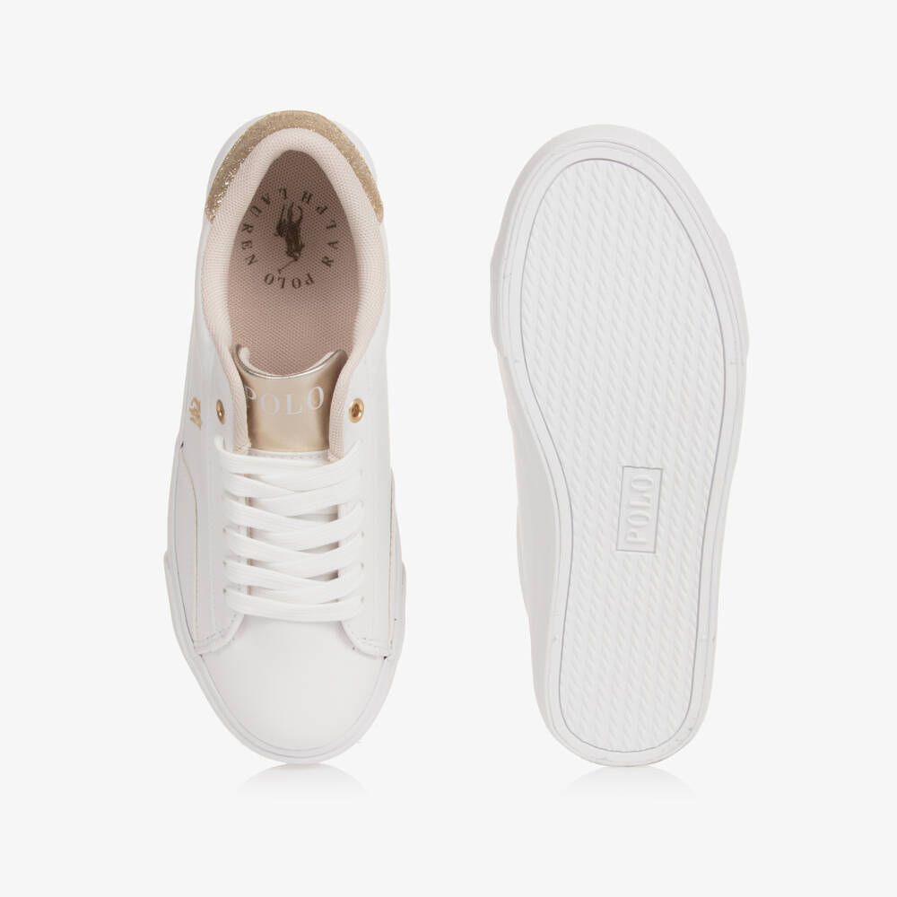 Ralph Lauren-Girls White & Gold Faux Leather Lace-Up Trainers | Childrensalon Outlet