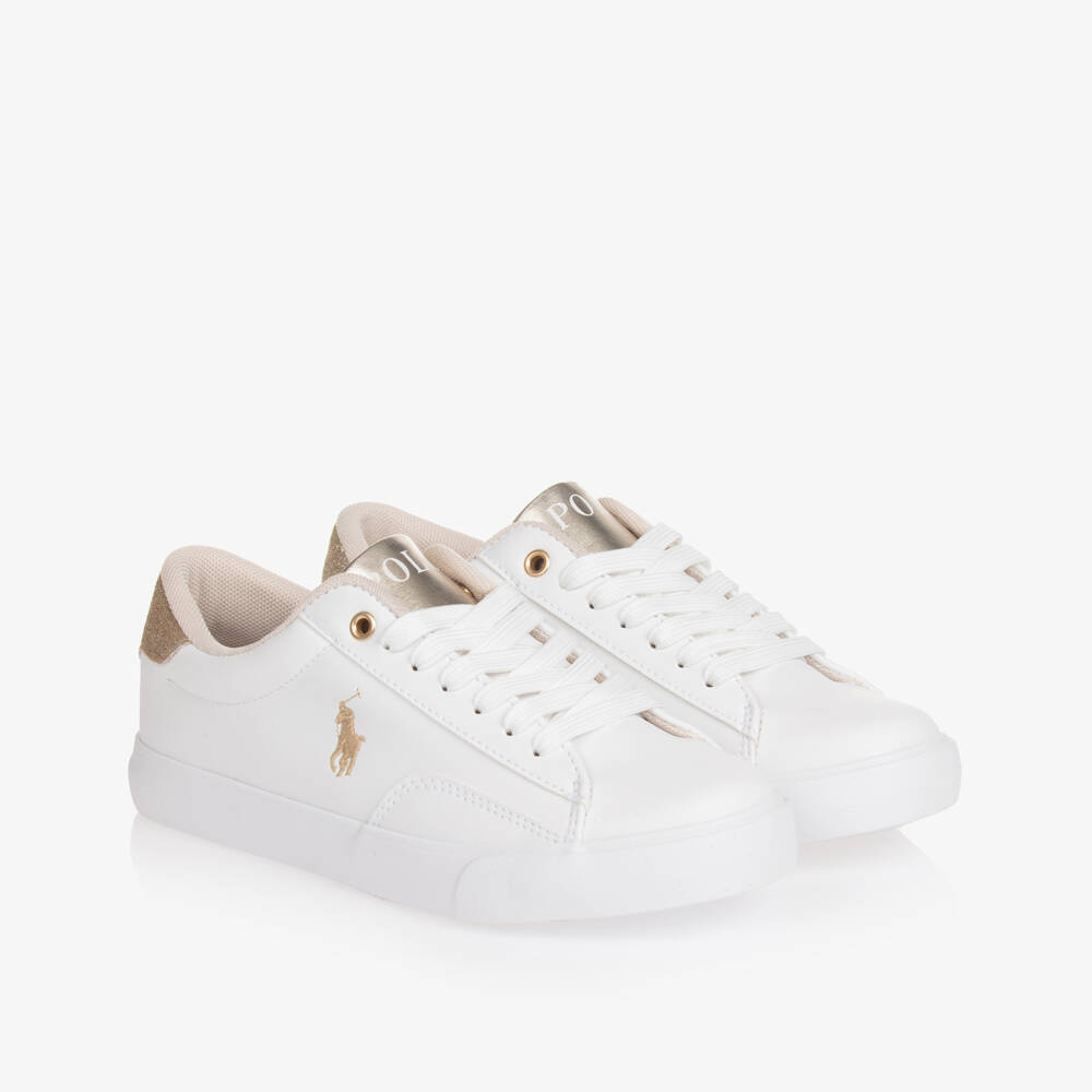 Ralph Lauren-Girls White & Gold Faux Leather Lace-Up Trainers | Childrensalon Outlet