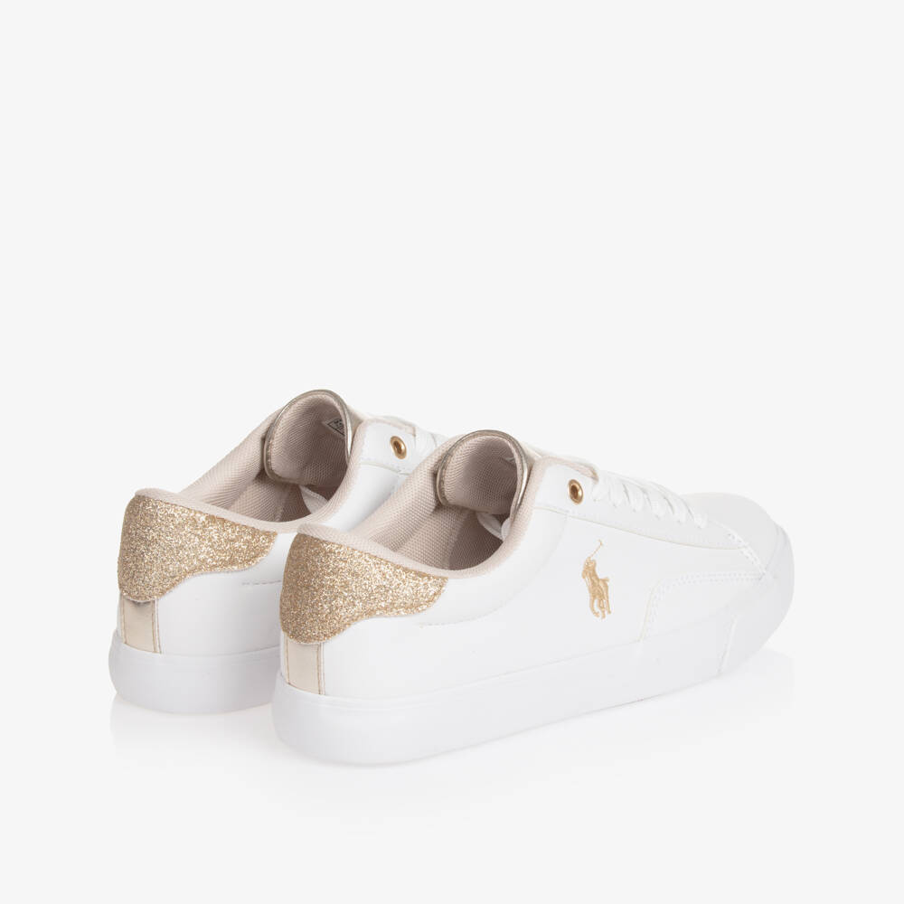 Ralph Lauren-Girls White & Gold Faux Leather Lace-Up Trainers | Childrensalon Outlet