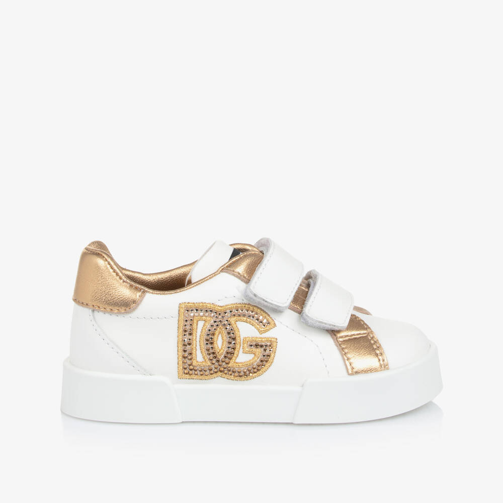 Dolce & Gabbana-Girls White & Gold Leather Portofino Velcro Trainers | Childrensalon Outlet