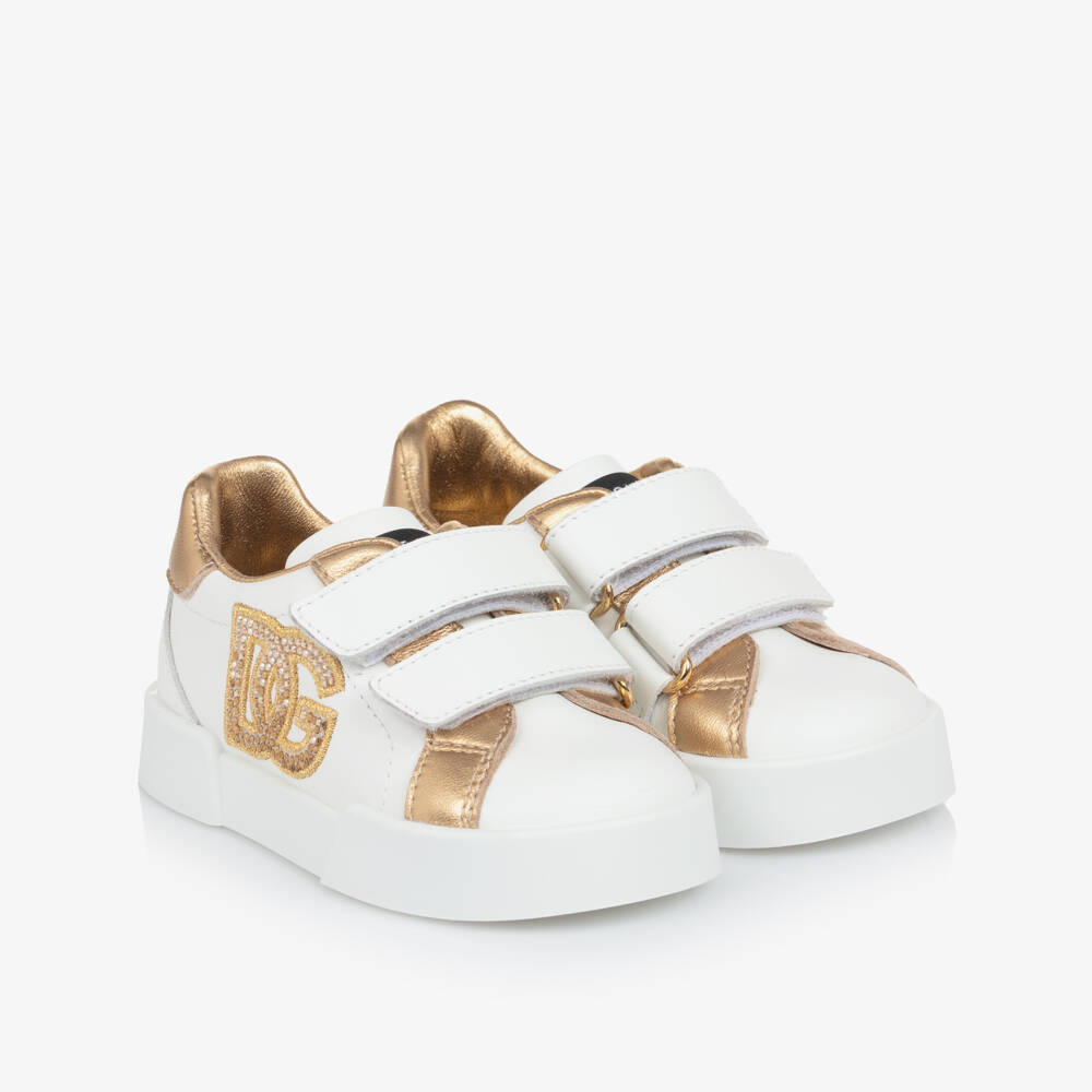 Dolce & Gabbana-Girls White & Gold Leather Portofino Velcro Trainers | Childrensalon Outlet