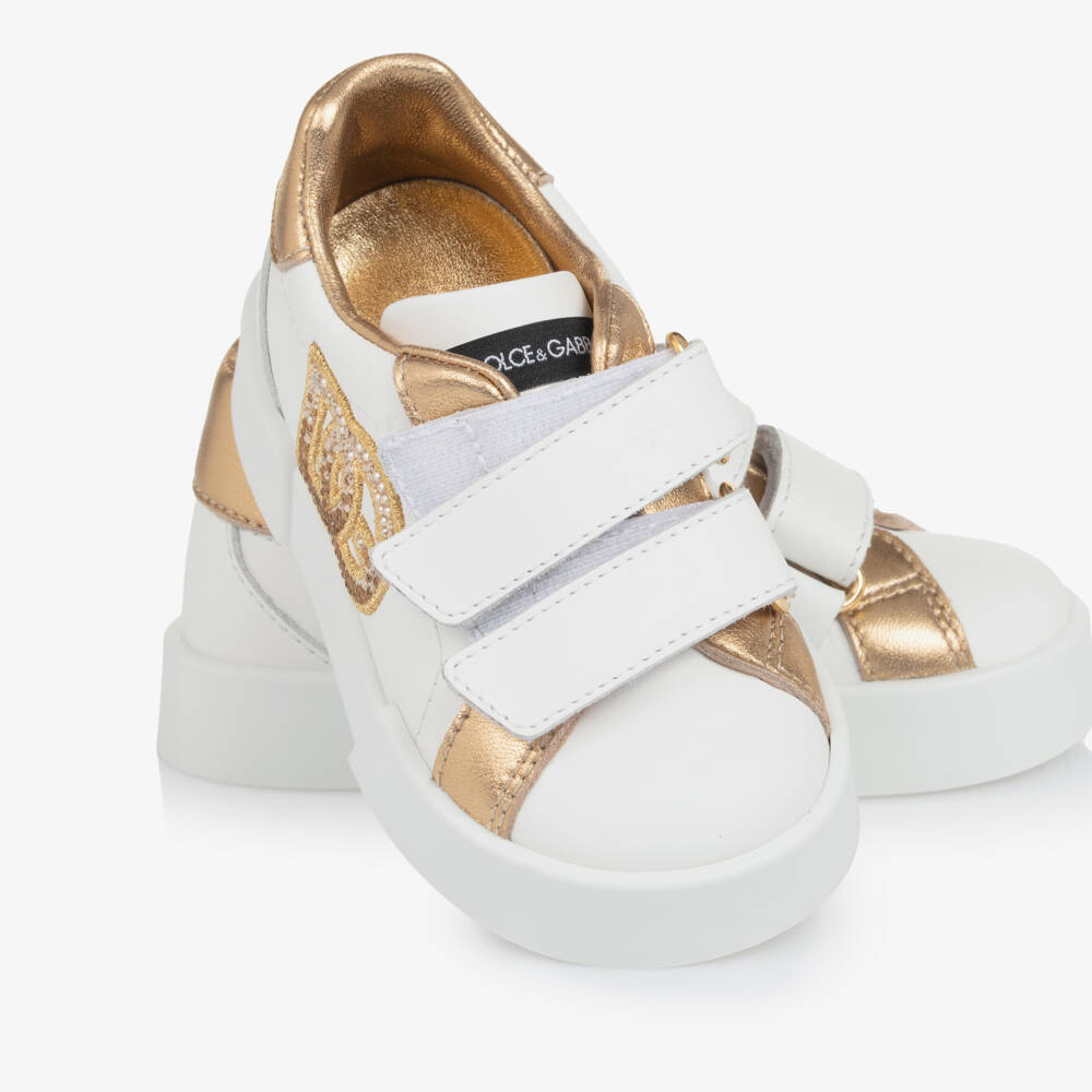 Dolce & Gabbana-Girls White & Gold Leather Portofino Velcro Trainers | Childrensalon Outlet