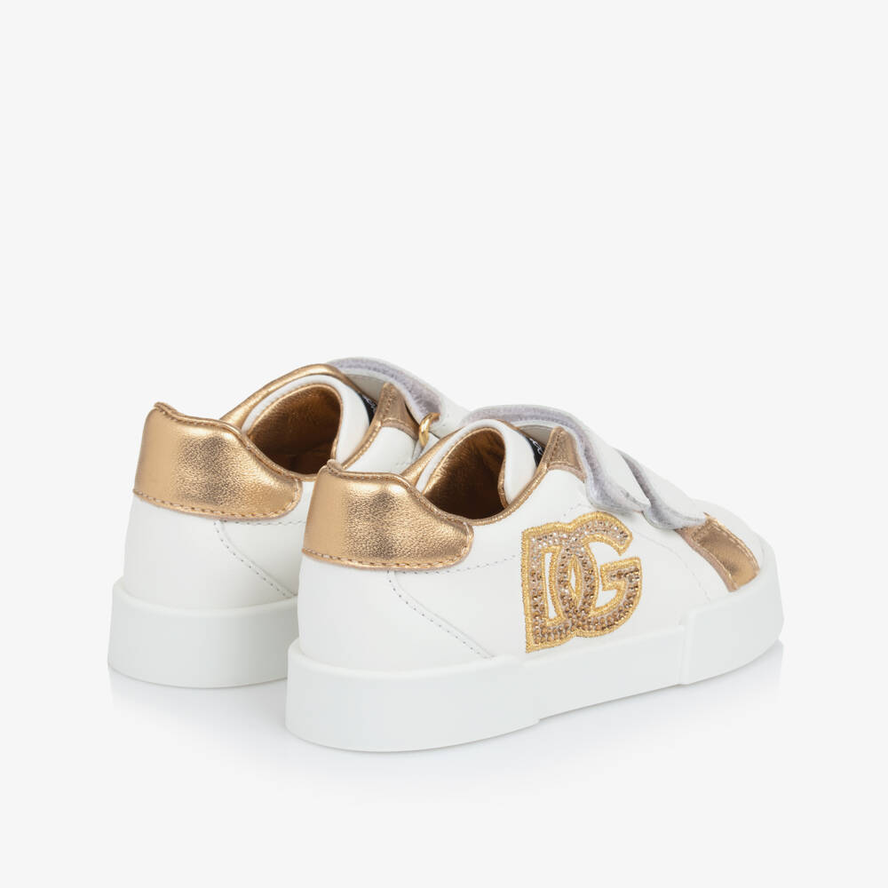 Dolce & Gabbana-Girls White & Gold Leather Portofino Velcro Trainers | Childrensalon Outlet