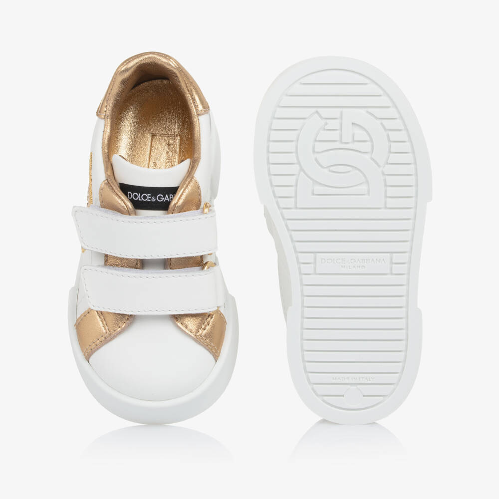 Dolce & Gabbana-Girls White & Gold Leather Portofino Velcro Trainers | Childrensalon Outlet