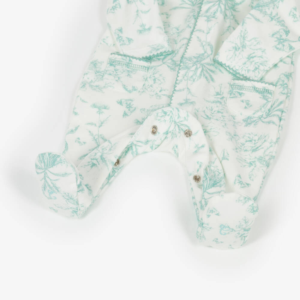 Tartine et Chocolat-Girls White & Green Cotton Floral Print Babygrow | Childrensalon Outlet