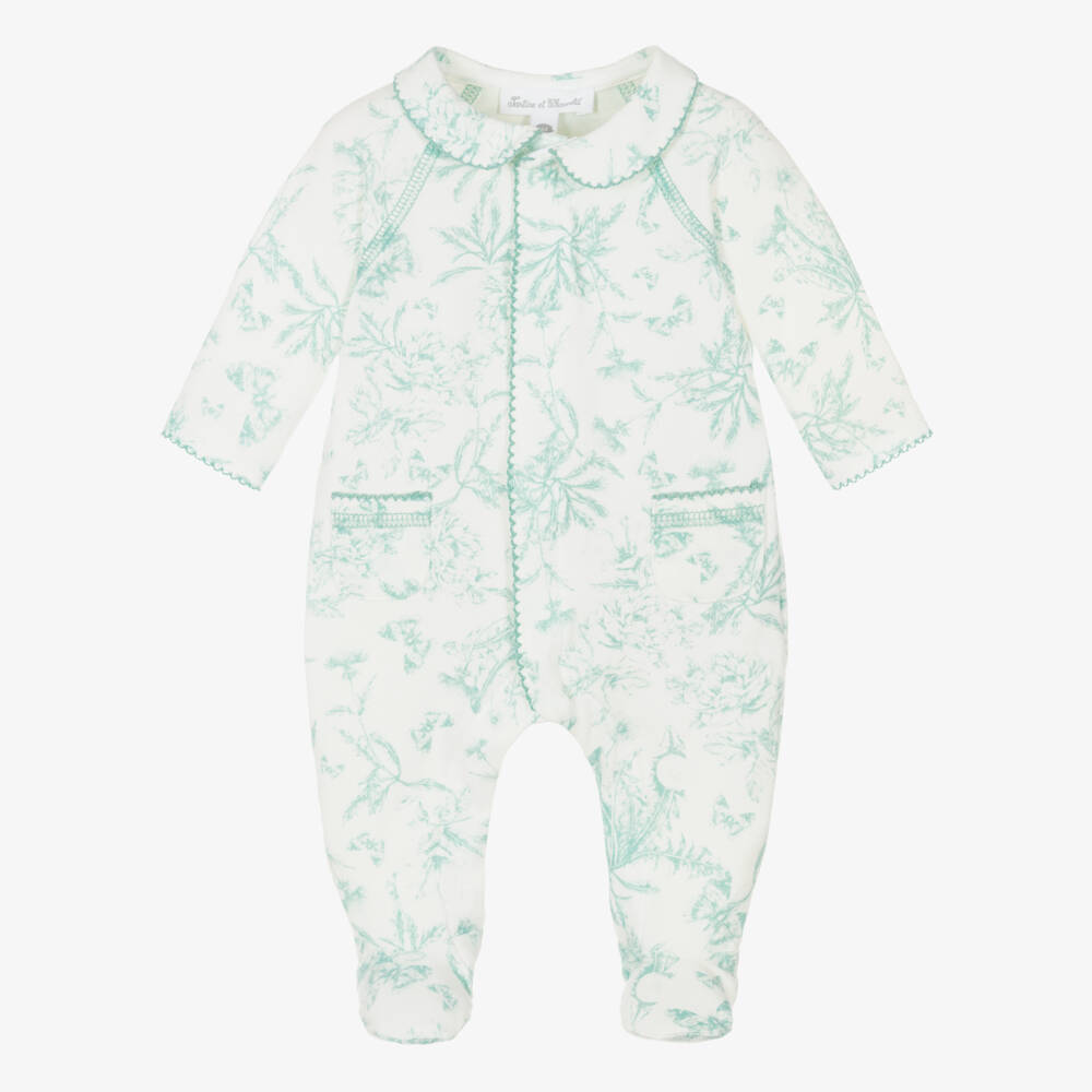 Tartine et Chocolat-Girls White & Green Cotton Floral Print Babygrow | Childrensalon Outlet