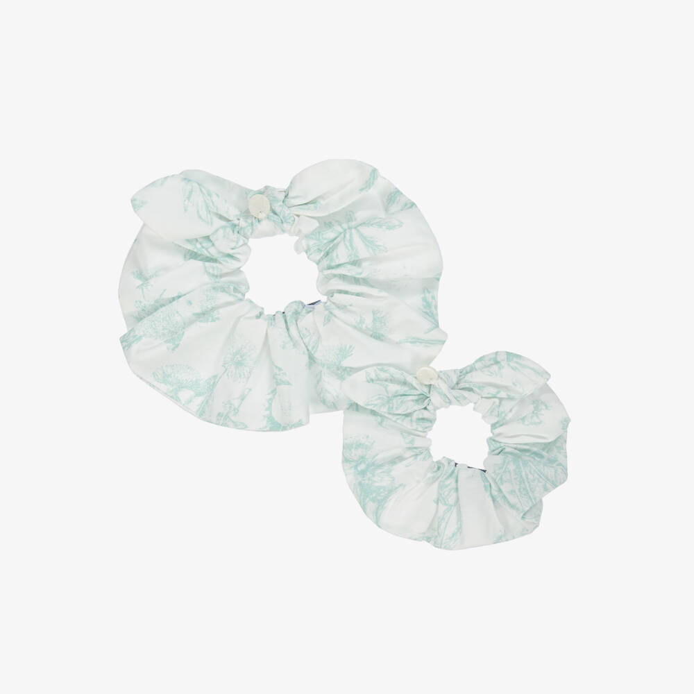 Tartine et Chocolat-Girls White & Green Floral Hair Scrunchies (2 Pack) | Childrensalon Outlet