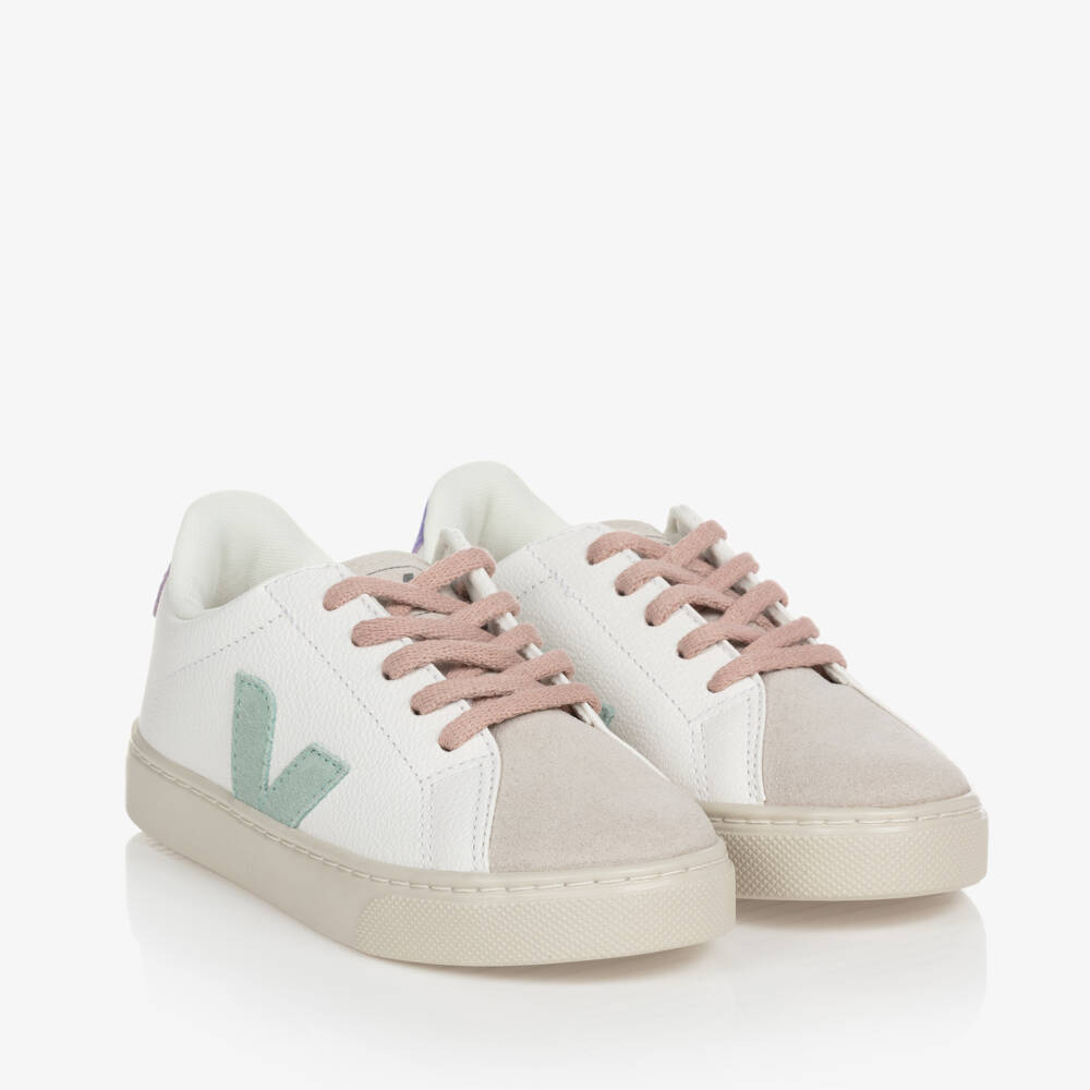 VEJA-Girls White & Green Leather Esplar Trainers | Childrensalon Outlet