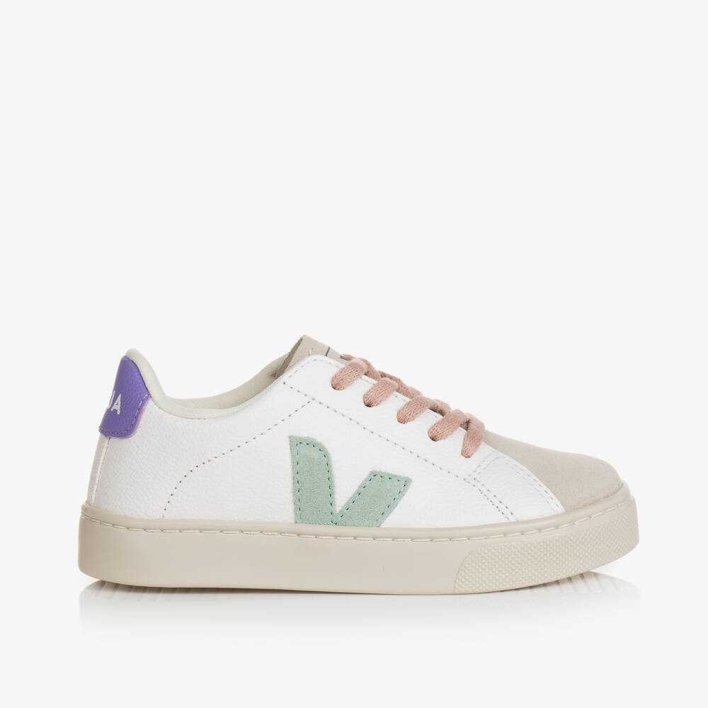 VEJA-Girls White & Green Leather Esplar Trainers | Childrensalon Outlet