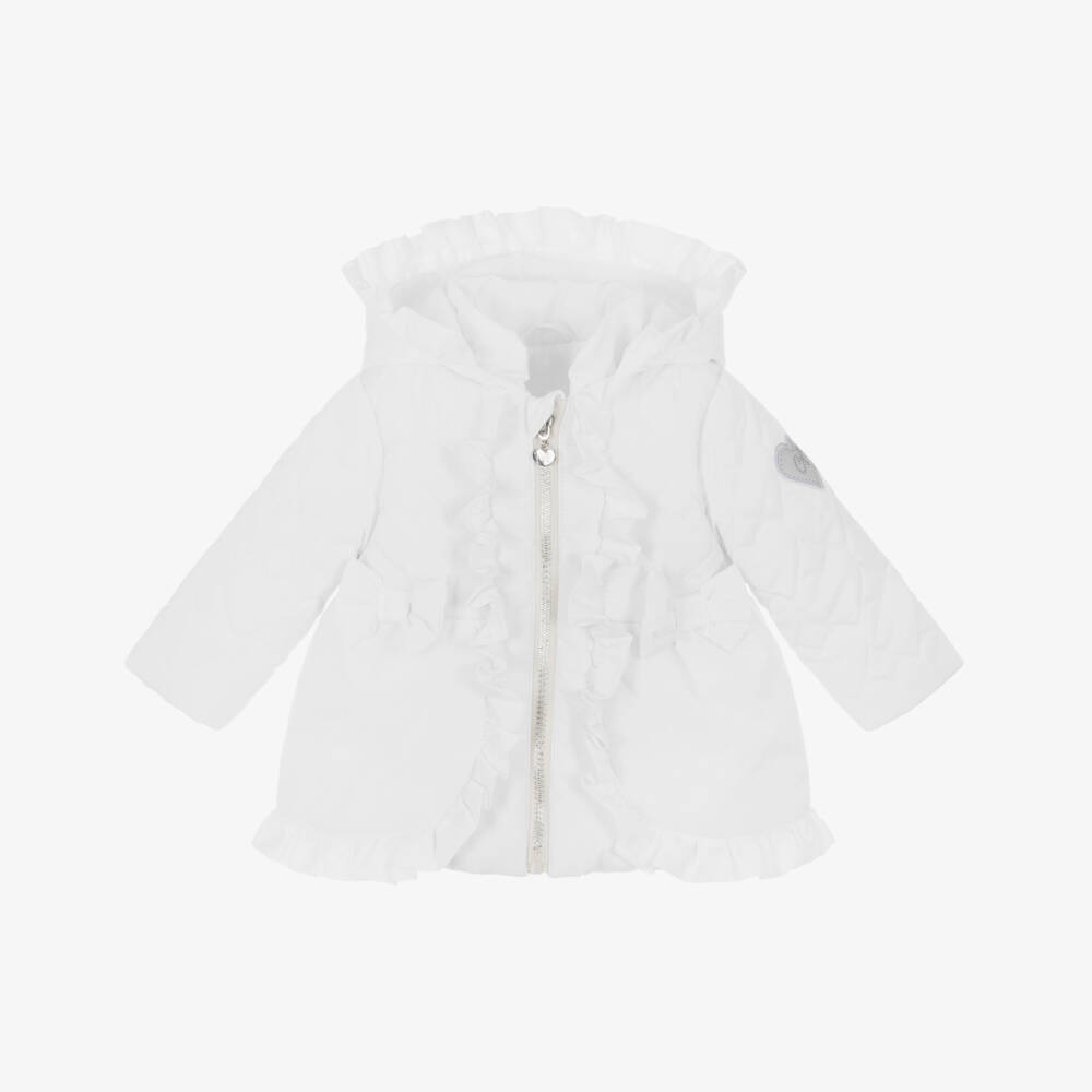 A Dee-Girls White Hooded Puffer Coat with Ruffles & Hearts | Childrensalon Outlet