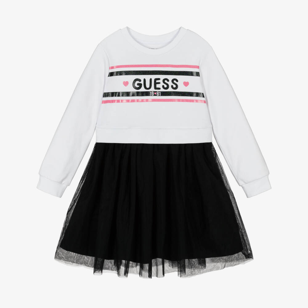 Guess-فستان أبيض من الجيرسيه مع تول أسود للبنات | Childrensalon Outlet