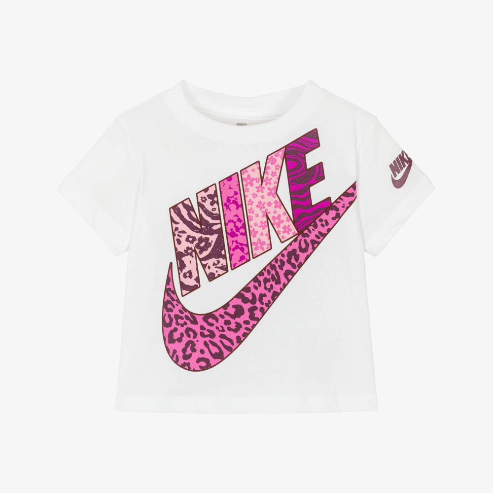 Nike-Girls White Jersey T-Shirt with Pink Swoosh Logo | Childrensalon Outlet