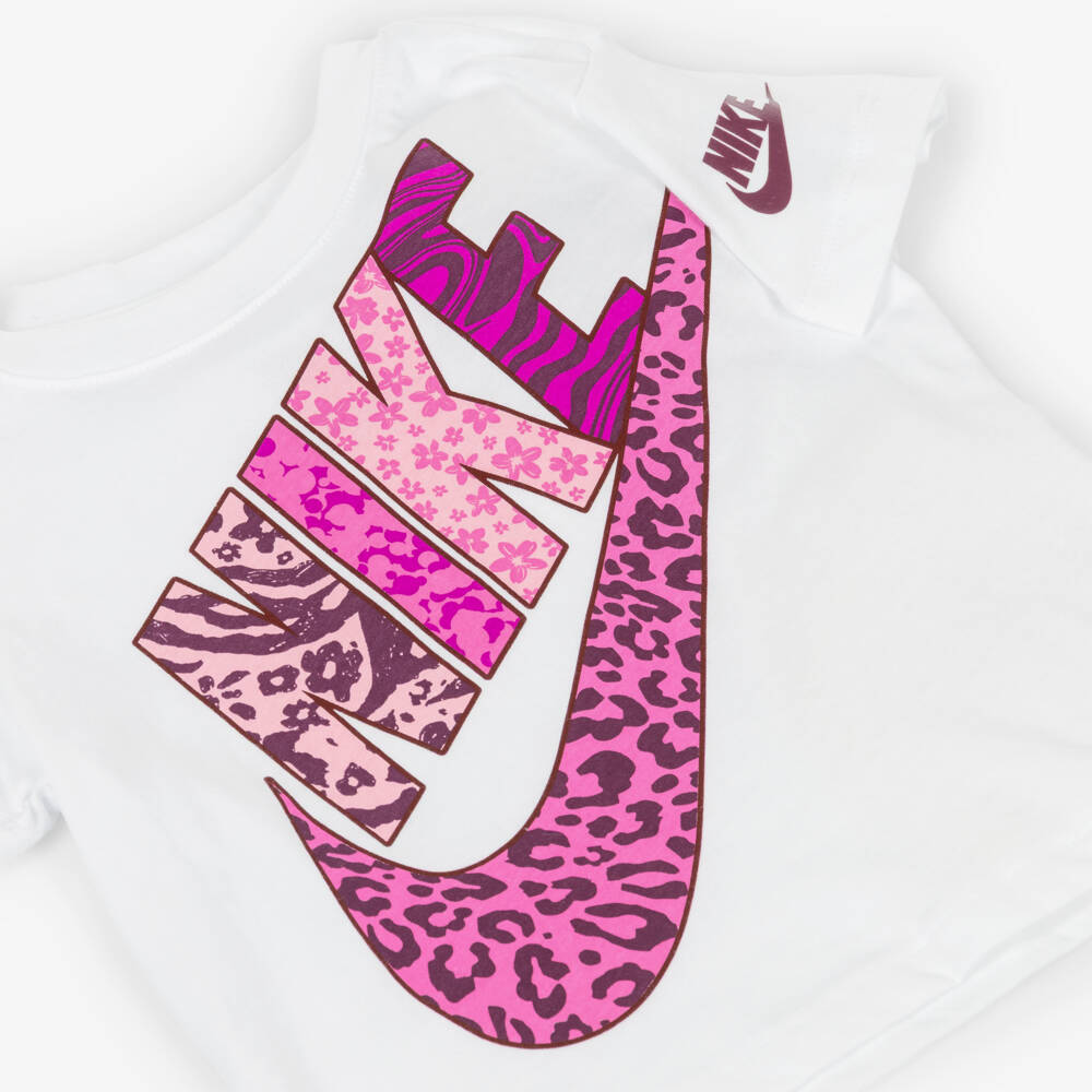 Nike-Girls White Jersey T-Shirt with Pink Swoosh Logo | Childrensalon Outlet