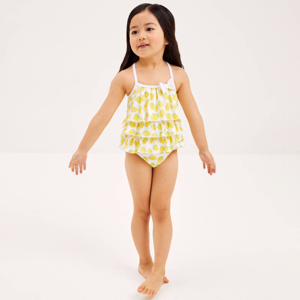 Mitty James-Girls White Lemon Ruffle Swimsuit (UPF50+) | Childrensalon Outlet