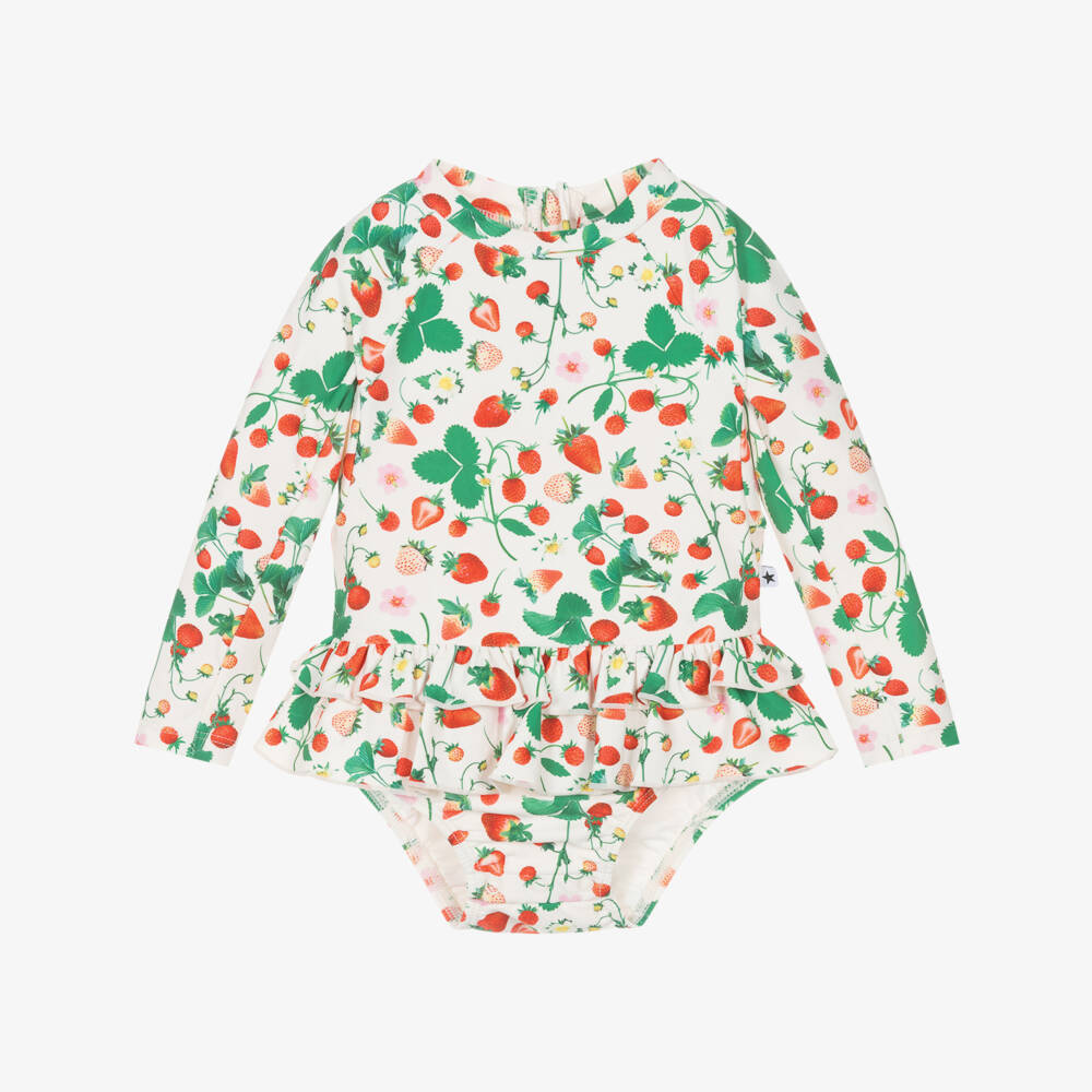 Molo-Girls White Long Sleeved Strawberry Ruffle Swimsuit (UPF50+) | Childrensalon Outlet