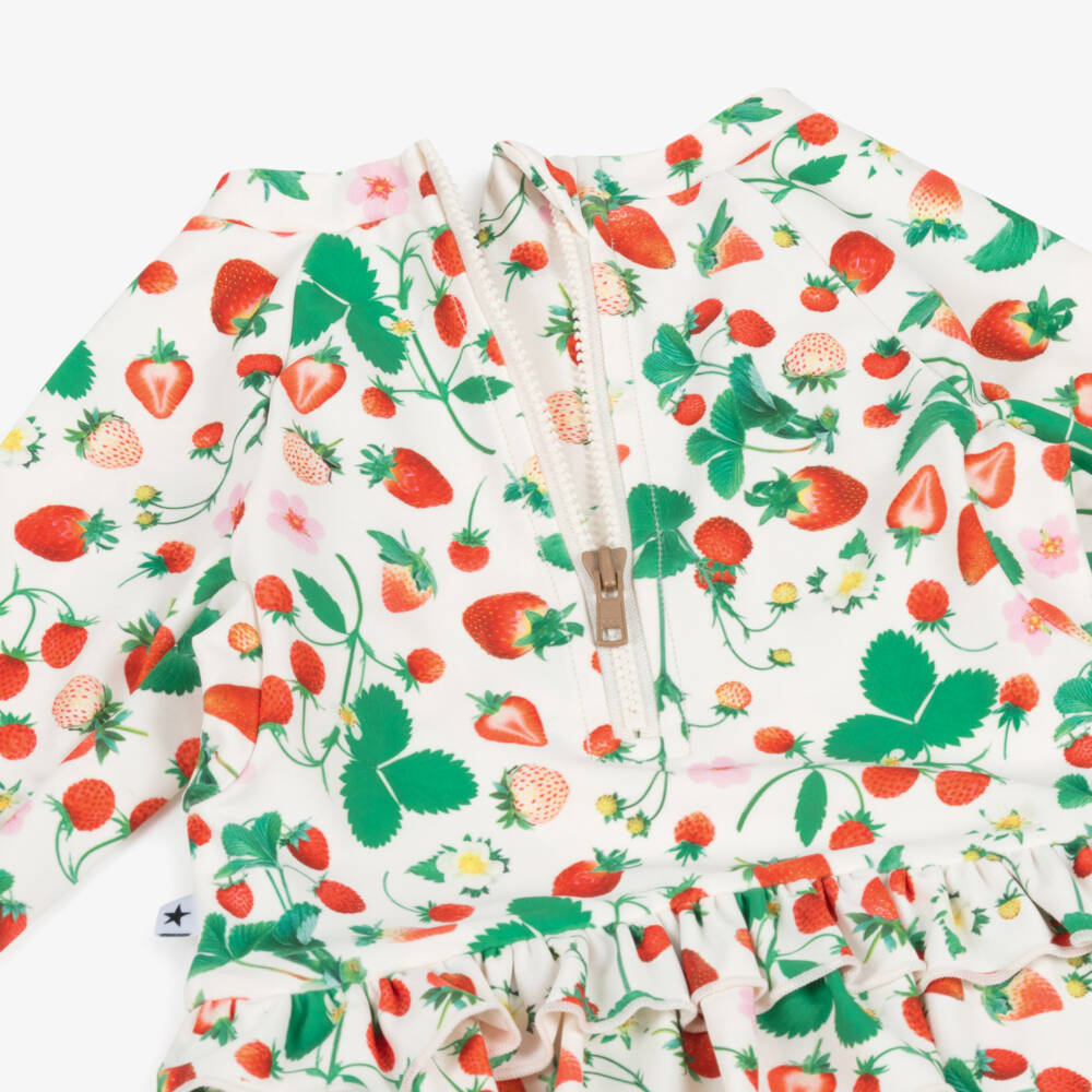 Molo-Girls White Long Sleeved Strawberry Ruffle Swimsuit (UPF50+) | Childrensalon Outlet