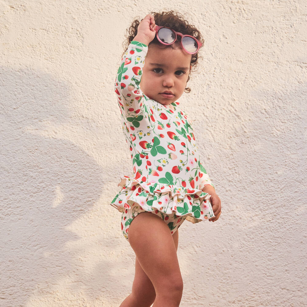 Molo-Girls White Long Sleeved Strawberry Ruffle Swimsuit (UPF50+) | Childrensalon Outlet