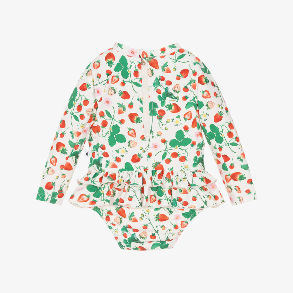 Molo-Girls White Long Sleeved Strawberry Ruffle Swimsuit (UPF50+) | Childrensalon Outlet