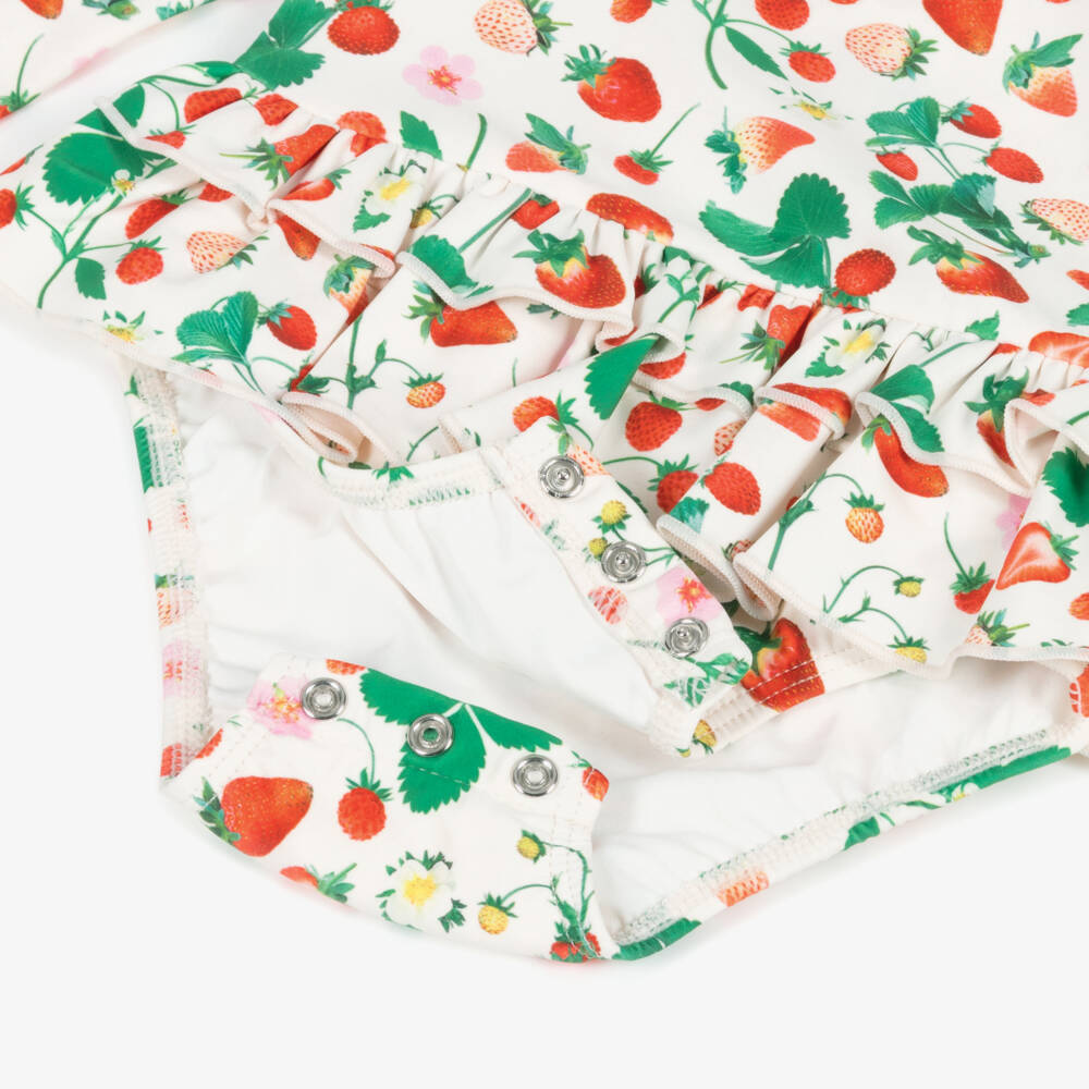 Molo-Girls White Long Sleeved Strawberry Ruffle Swimsuit (UPF50+) | Childrensalon Outlet