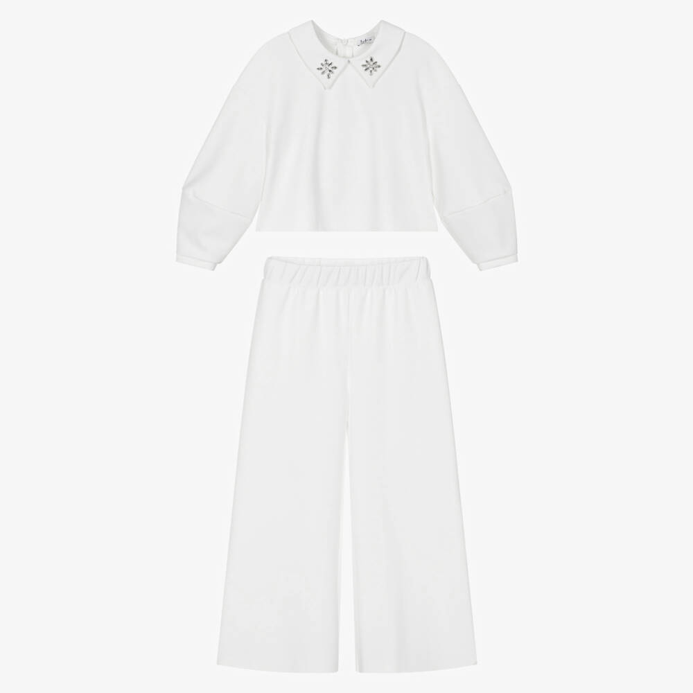 Il Gufo-Girls White Milano Jersey Trouser Set with Jewelled Collar | Childrensalon Outlet
