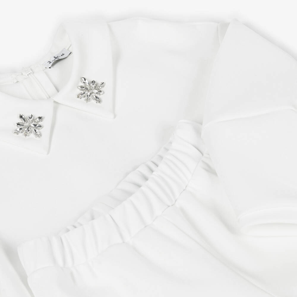 Il Gufo-Girls White Milano Jersey Trouser Set with Jewelled Collar | Childrensalon Outlet
