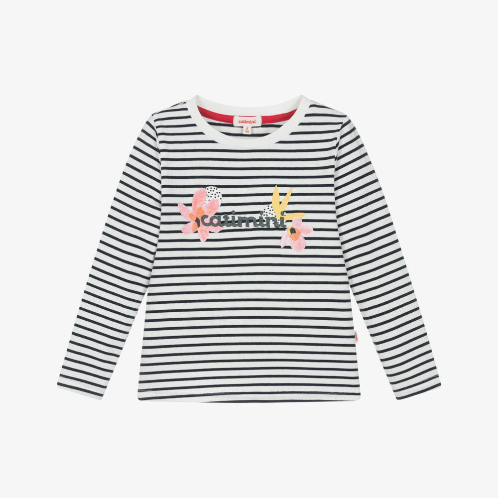 Catimini-Girls White & Navy Blue Breton Striped Top with Flowers & Logo | Childrensalon Outlet