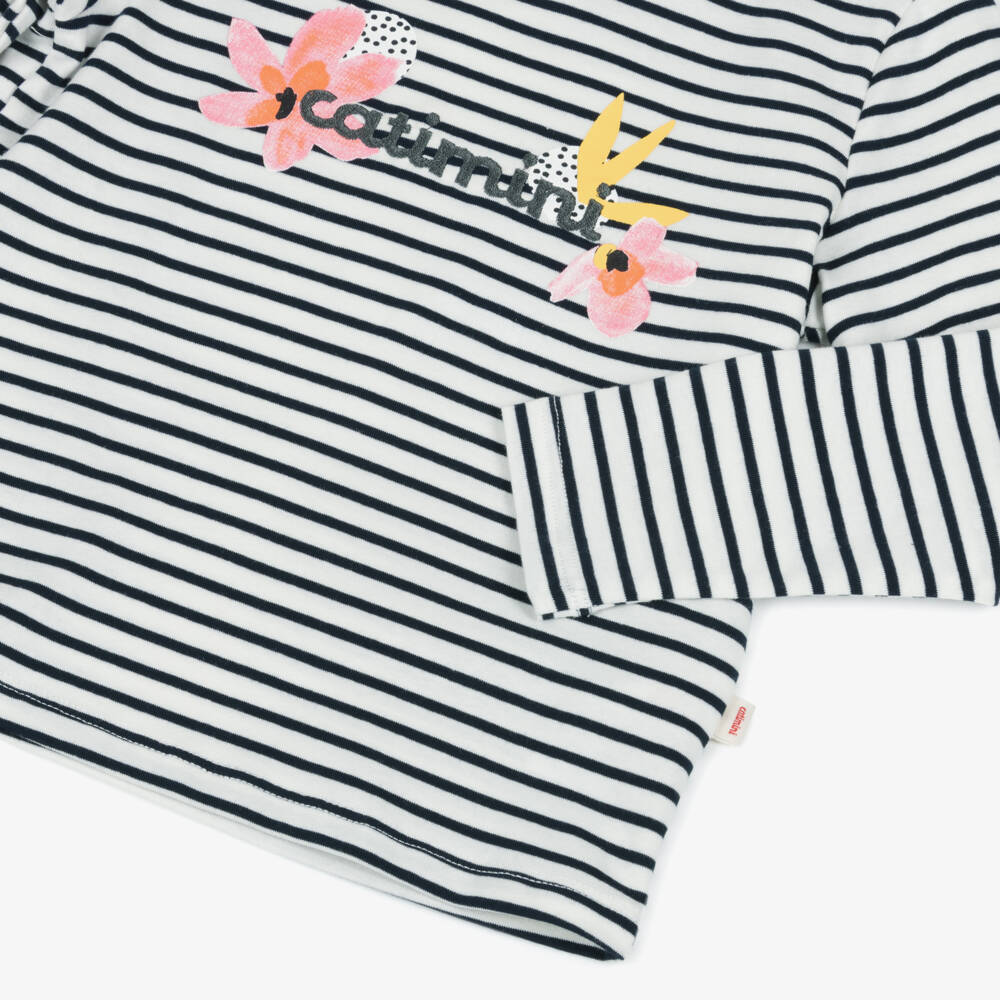 Catimini-Girls White & Navy Blue Breton Striped Top with Flowers & Logo | Childrensalon Outlet