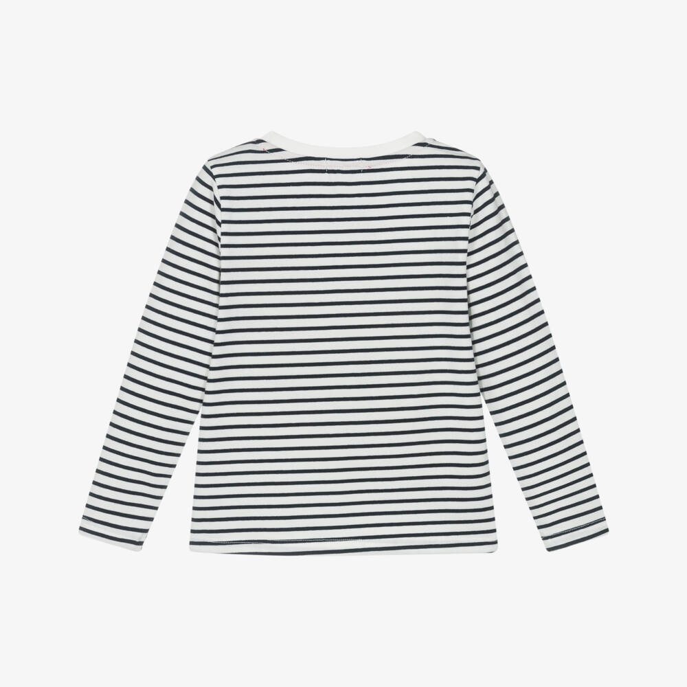 Catimini-Girls White & Navy Blue Breton Striped Top with Flowers & Logo | Childrensalon Outlet